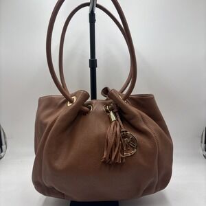 Michael Kors Brown Pebble Leather Hobo Shoulder Bag with MK Charm